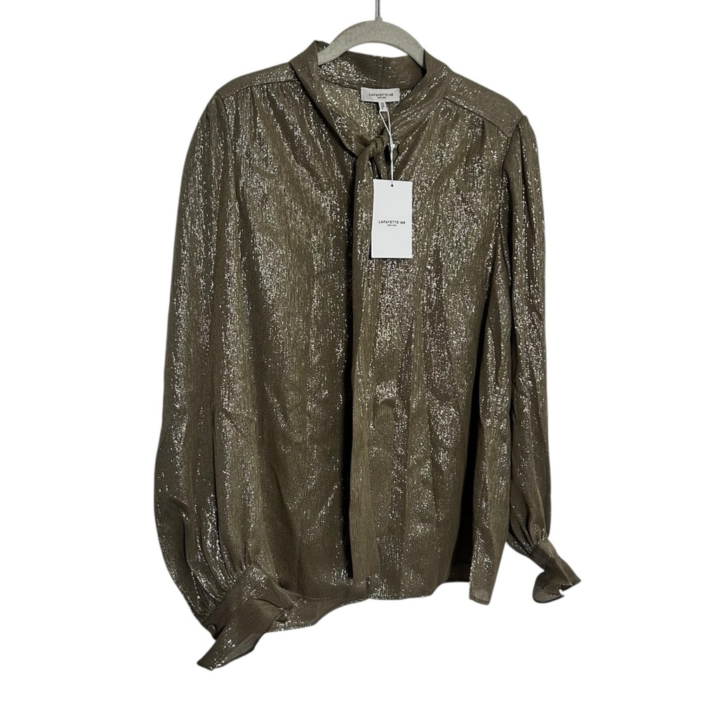 Lafayette 148 New York Honey Metallic Tie Neck Blouse Size M NWT